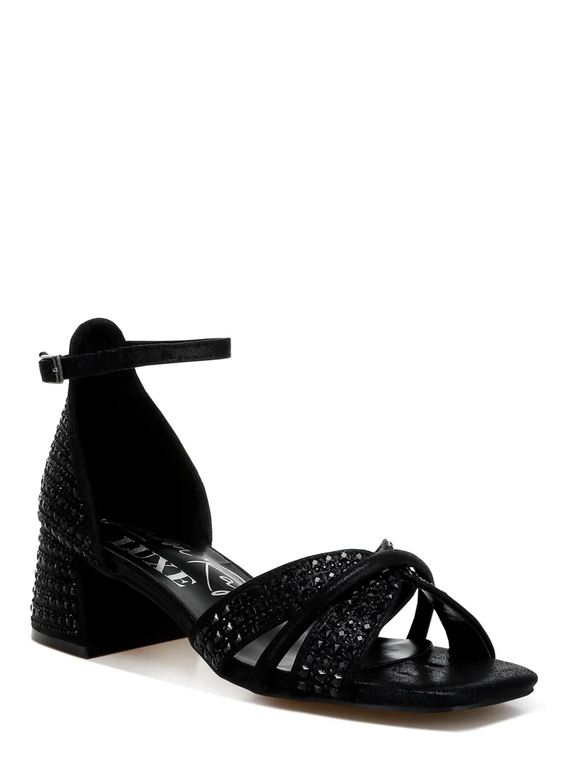 London Rag Low Block Heel Rhinestone Sandals in Black