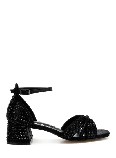 London Rag Low Block Heel Rhinestone Sandals in Black