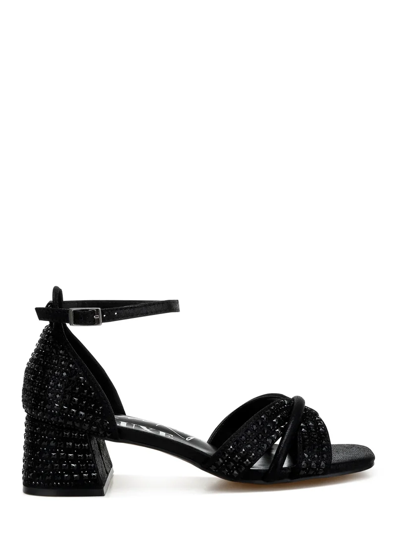 London Rag Low Block Heel Rhinestone Sandals in Black