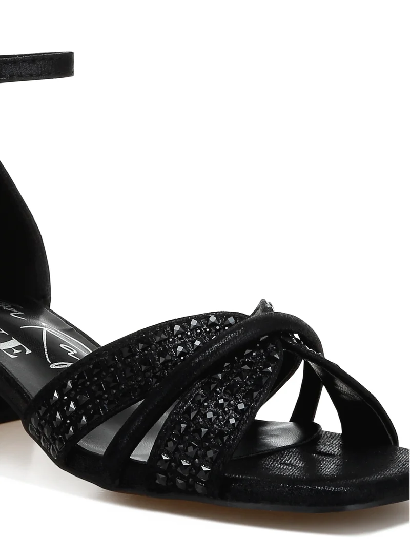London Rag Low Block Heel Rhinestone Sandals in Black