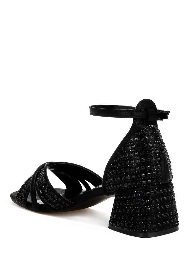 London Rag Low Block Heel Rhinestone Sandals in Black