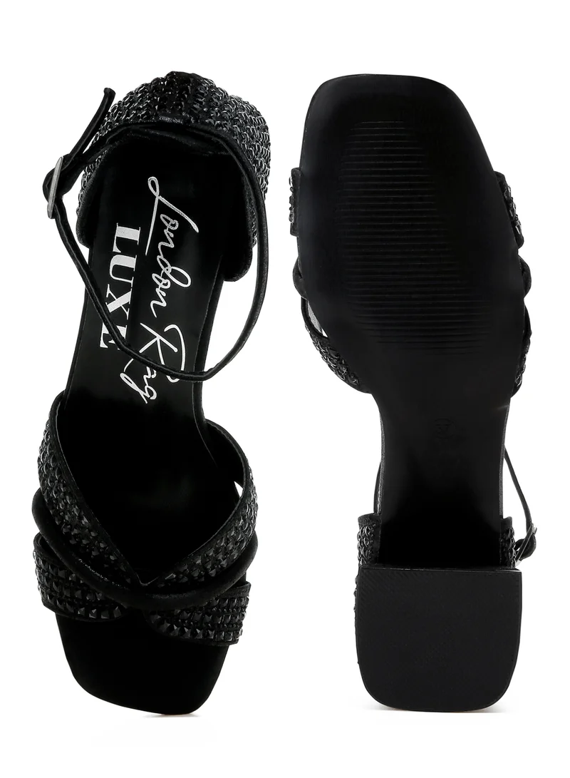 London Rag Low Block Heel Rhinestone Sandals in Black