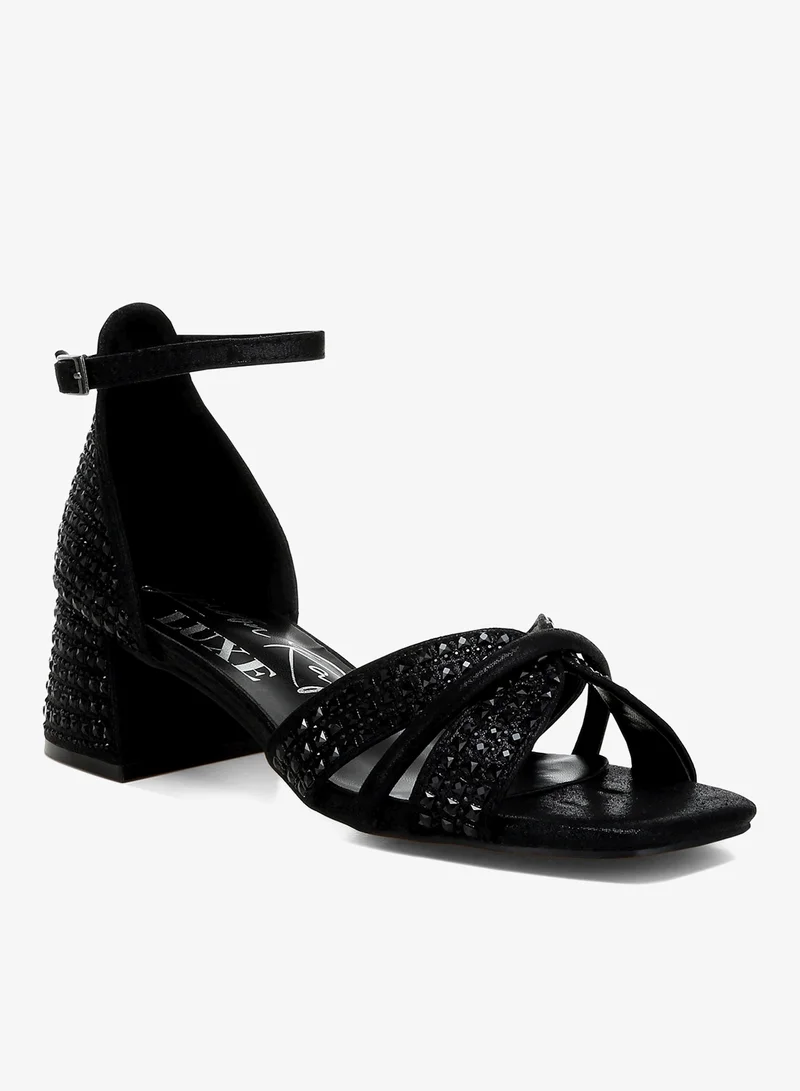 London Rag Low Block Heel Rhinestone Sandals in Black