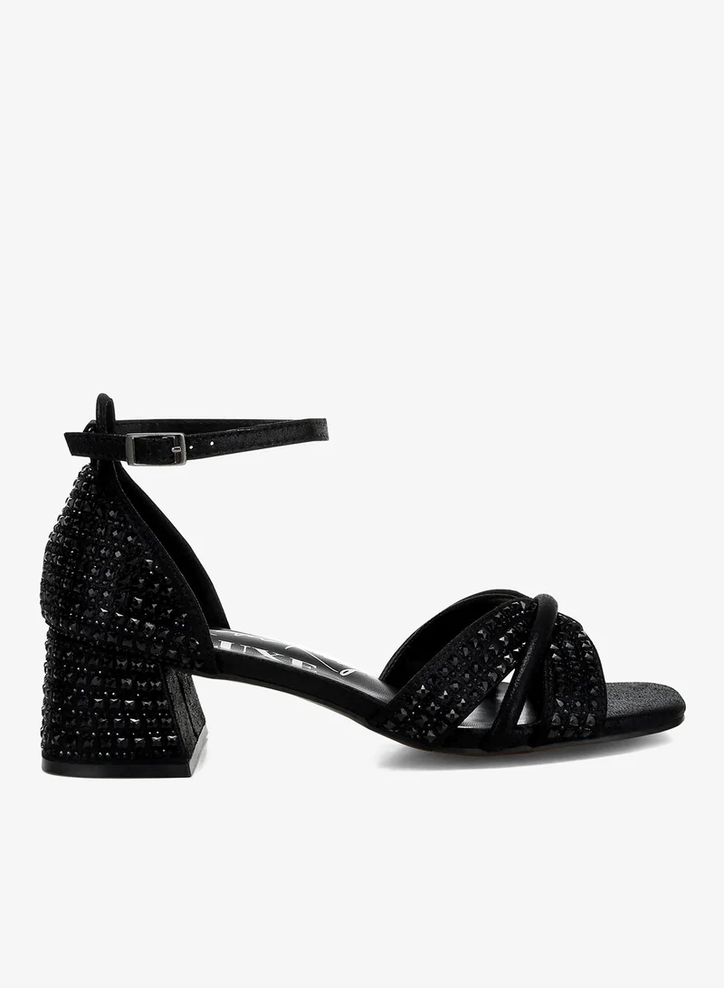 London Rag Low Block Heel Rhinestone Sandals in Black