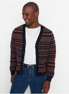 trendyol Navy Blue Slim Fit V-Neck Jacquard Knitwear Cardigan TMNAW20HI0029  - Image 1