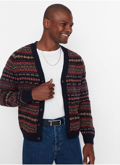 trendyol Navy Blue Slim Fit V-Neck Jacquard Knitwear Cardigan TMNAW20HI0029  - Image 2