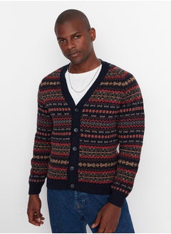 trendyol Navy Blue Slim Fit V-Neck Jacquard Knitwear Cardigan TMNAW20HI0029  - Image 3