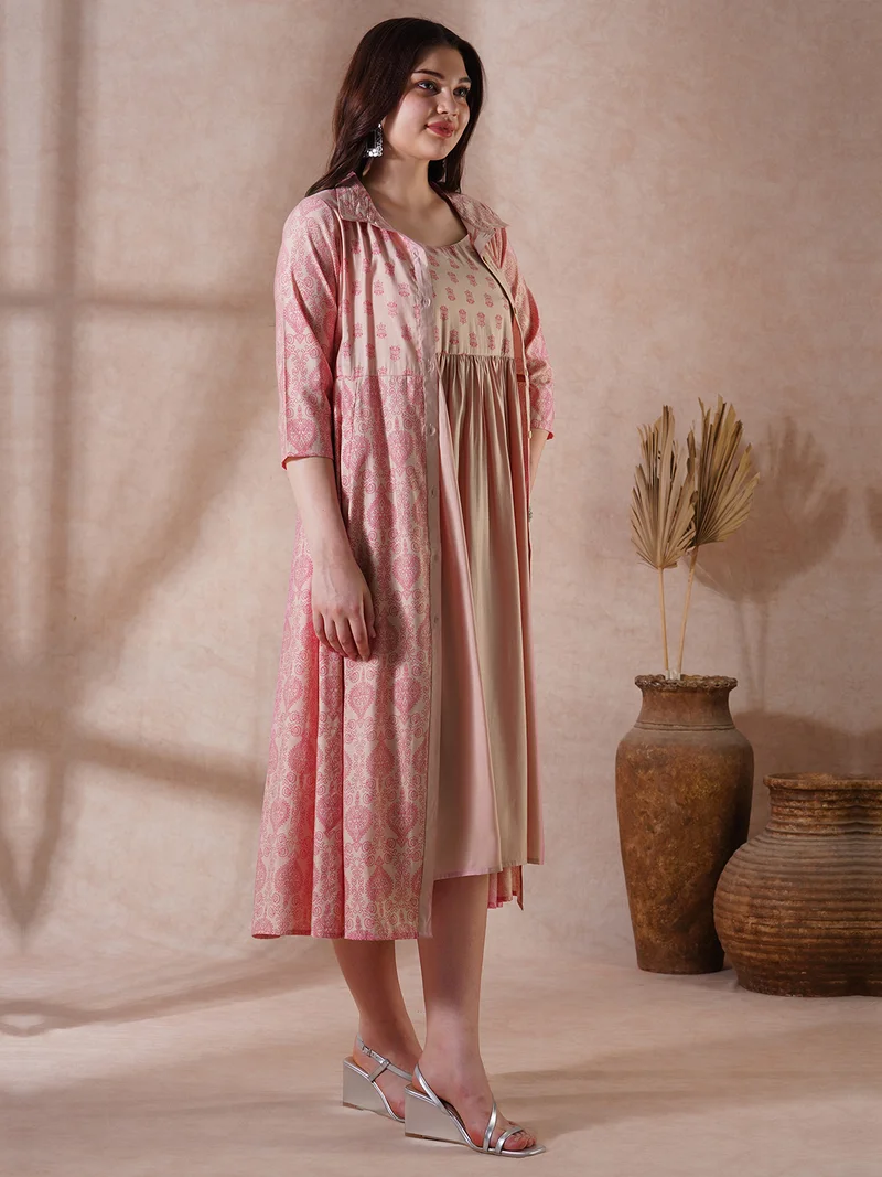 globus Women Peach Strappy Shoulder Gathered A-Line Midi Ethnic Dress with Shirt Style Printed Shrug