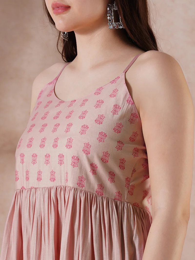 globus Women Peach Strappy Shoulder Gathered A-Line Midi Ethnic Dress with Shirt Style Printed Shrug
