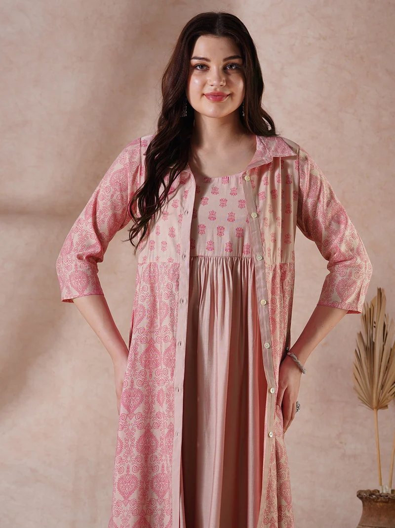 globus Women Peach Strappy Shoulder Gathered A-Line Midi Ethnic Dress with Shirt Style Printed Shrug
