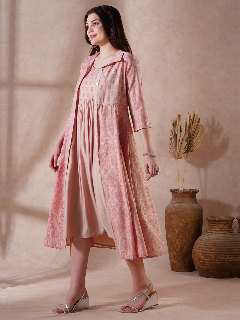 globus Women Peach Strappy Shoulder Gathered A-Line Midi Ethnic Dress with Shirt Style Printed Shrug