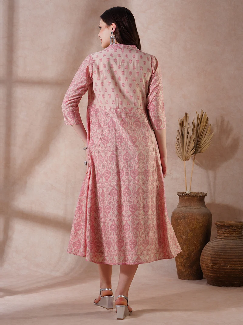 globus Women Peach Strappy Shoulder Gathered A-Line Midi Ethnic Dress with Shirt Style Printed Shrug