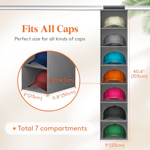 Lifewit Hat Organizer for Baseball Caps Hat Rack Hanging Storage NonWoven Fabric Display Shelf Holds Up to 40 Hats Cap Holder Hanger for Closet Bedroom 7 Compartments Gray 1 Pack - Image 3