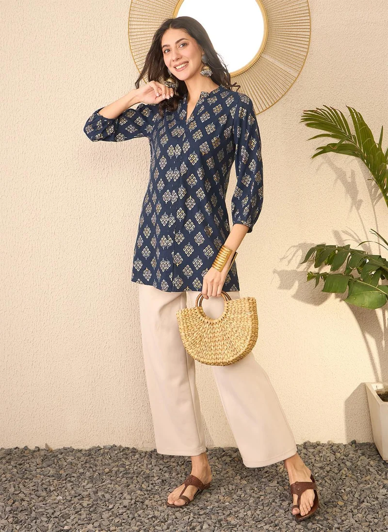 زيري سوق Navy Blue Cotton Blend Floral Printed Tunic Only