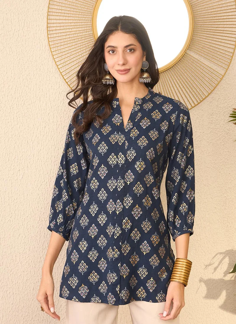 زيري سوق Navy Blue Cotton Blend Floral Printed Tunic Only