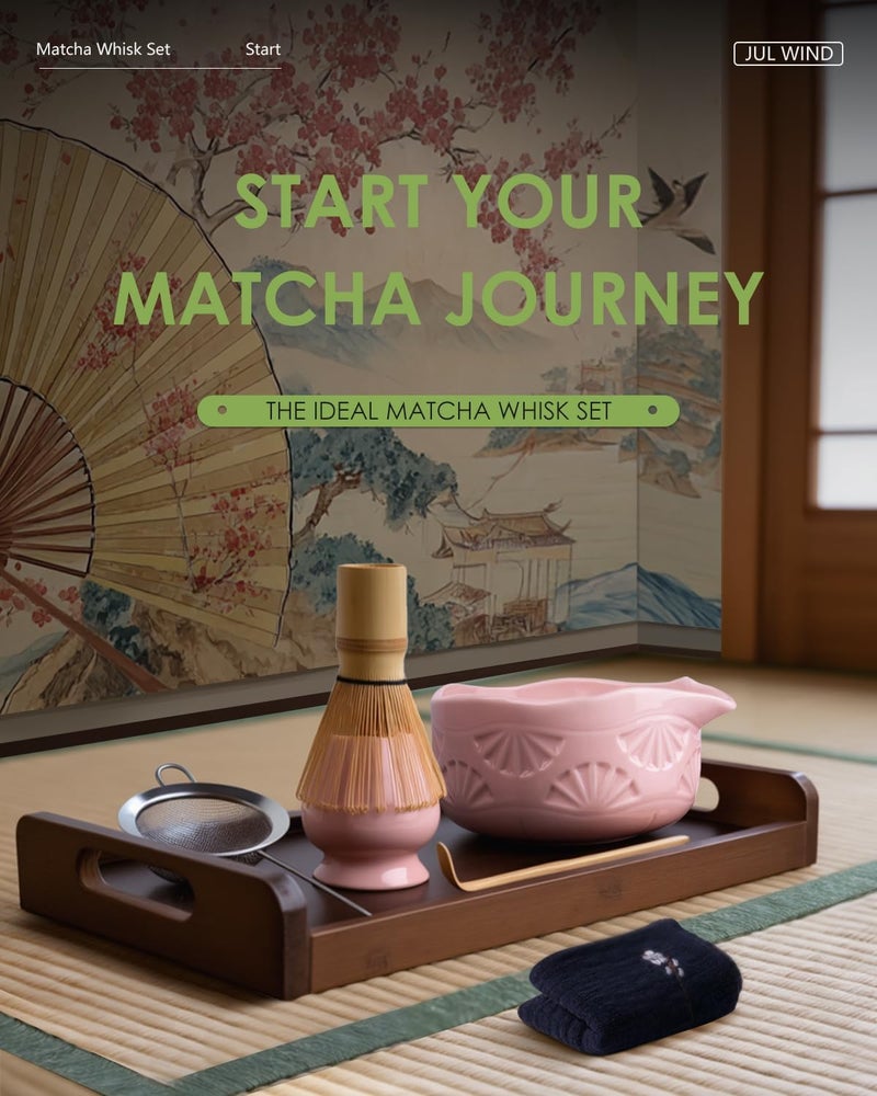 JUL WIND Matcha Whisk Set, Ceramic Matcha Set Includes Matcha Bowl with Spout, Matcha Whisk and Holder, Bamboo Scoop, Sifter and Tea Towel - 6 Pcs Matcha Kit Gift for Matcha Lovers (Pink) - Image 3