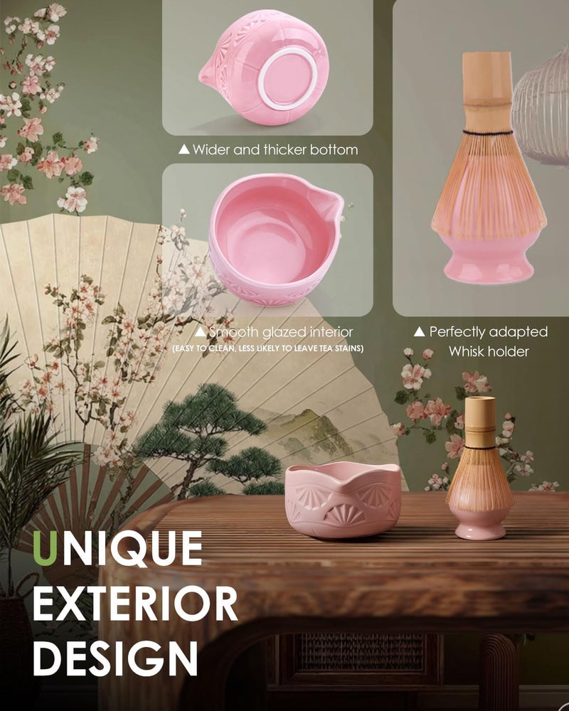 JUL WIND Matcha Whisk Set, Ceramic Matcha Set Includes Matcha Bowl with Spout, Matcha Whisk and Holder, Bamboo Scoop, Sifter and Tea Towel - 6 Pcs Matcha Kit Gift for Matcha Lovers (Pink) - Image 2
