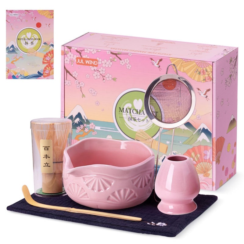 JUL WIND Matcha Whisk Set, Ceramic Matcha Set Includes Matcha Bowl with Spout, Matcha Whisk and Holder, Bamboo Scoop, Sifter and Tea Towel - 6 Pcs Matcha Kit Gift for Matcha Lovers (Pink) - Image 1