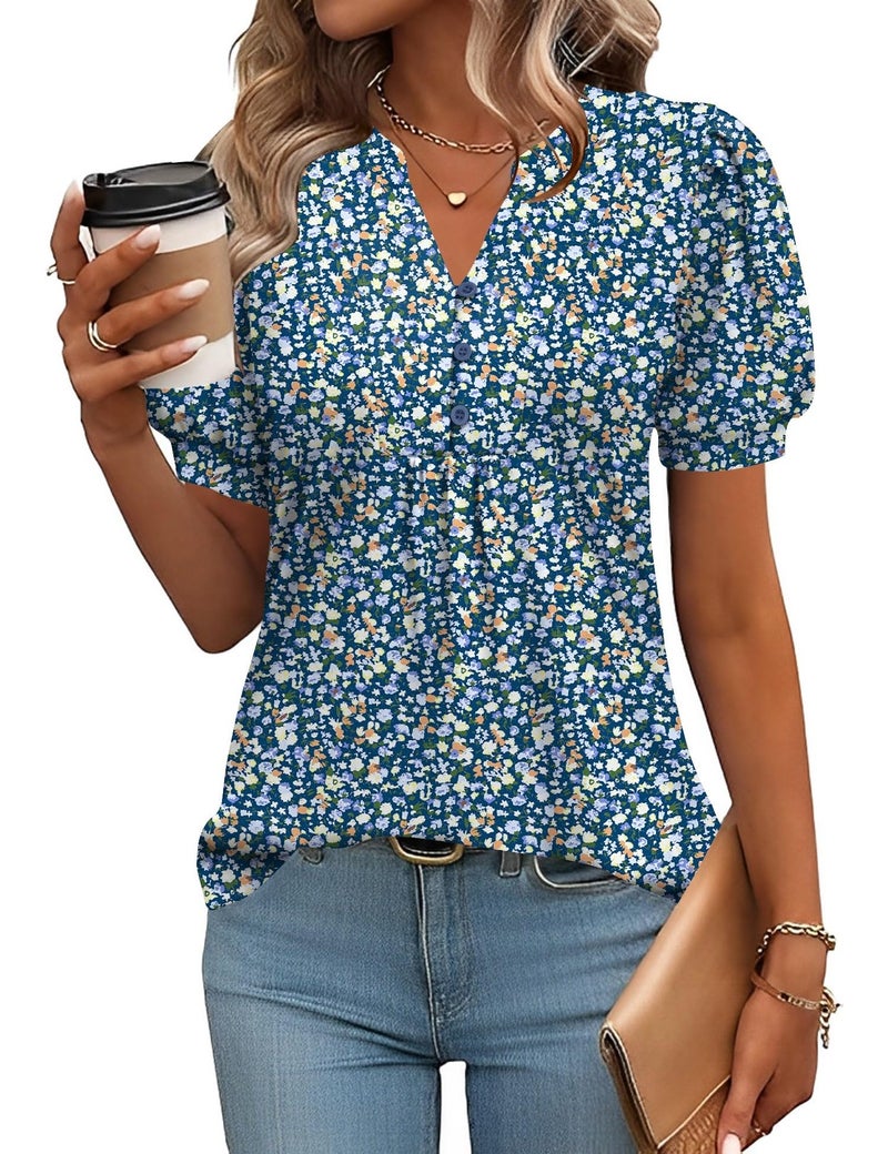 IECCP Puff Short Sleeve Womens Tops Button Up V-Neck Shirts Loose Fit Dressy Casual Blouses Pleated Ladies Tunic to Wear with Leggings (Blue White Floral,M) - Image 1