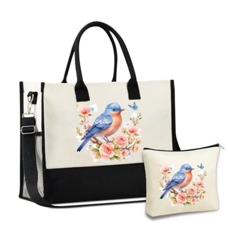 Bluebird Gifts for Women, Bluebird Tote Bag with Makeup Pouch Set, Floral Nature Themed Canvas Handbag, Christmas and Birthday Gifts for Women and Bird Lovers - Image 1