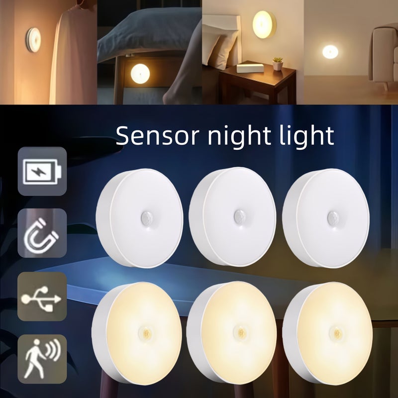 مصباح ليلي LED دائري قابل للشحن عبر USB مزود بقاعدة مغناطيسية، وضعي استشعار مزدوج وإضاءة بيضاء دافئة ثابتة، قابل لتعديل السطوع، خالٍ من الوهج الناعم (عبوة من 8 قطع)، مناسب للسكن الجامعي والمطبخ والسلالم والممرات وجانب السرير. - Image 2