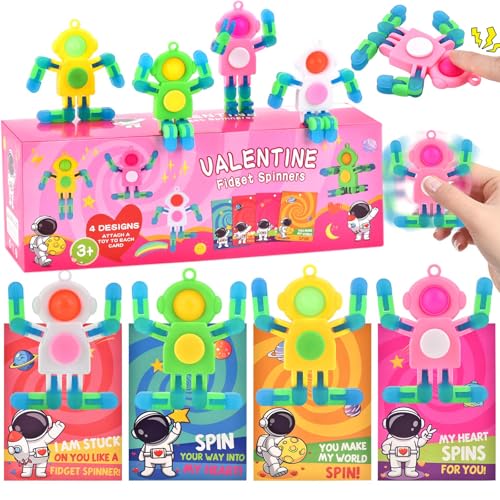 Amplov 28 Pack Valentines Day Gifts for Kids Space Astronaut Robot POP Fidget Spinner Toys with Cards for School Classroom Exchange Party Favors Game Prizes Boys Girls - Image 1