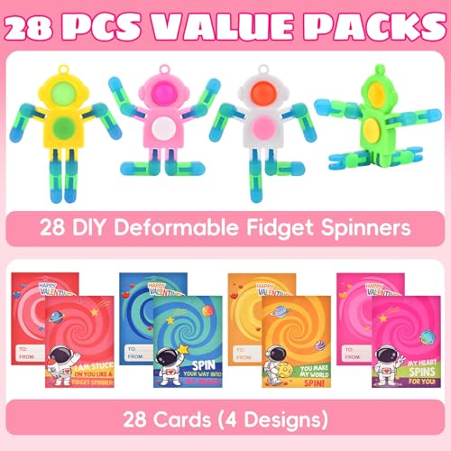 Amplov 28 Pack Valentines Day Gifts for Kids Space Astronaut Robot POP Fidget Spinner Toys with Cards for School Classroom Exchange Party Favors Game Prizes Boys Girls - Image 5