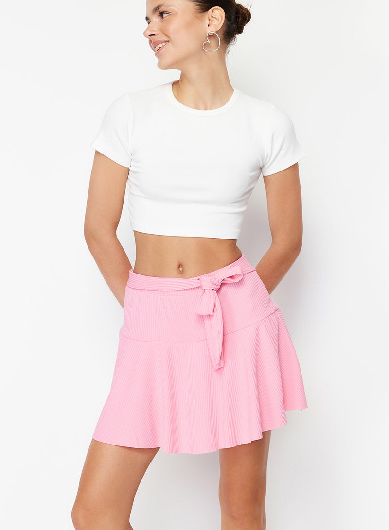 trendyol Pink Straight High Waist Mini Skirt Ruffled Knitted Shorts Skirt Twoss21Sr0621 - Image 2