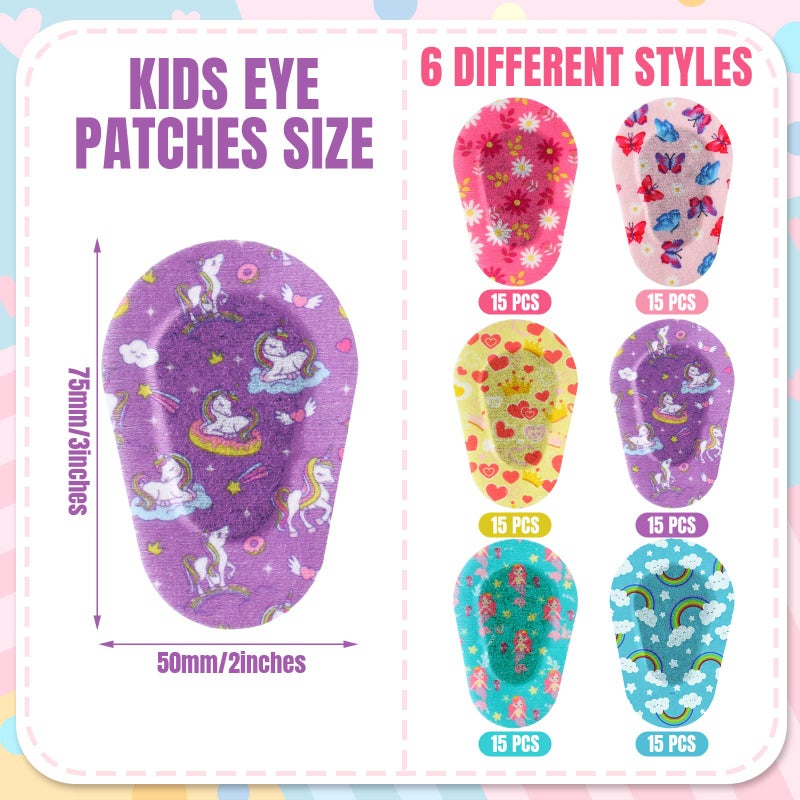 Panelee Panelee 90 Pcs Adhesive Eye Patches for Kids Girls Designs Cotton Adhesive Bandages for Girls Toddler, 6 Styles  - Image 2