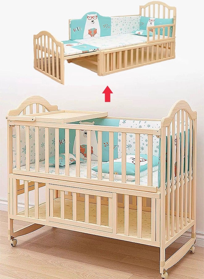 Multifunctional Baby Crib, 6 in 1 Bassinet Bedside Sleeper for Baby, Solid Wood Paintless Cradle Baby Bed with mosquito net, Extended Baby Bed