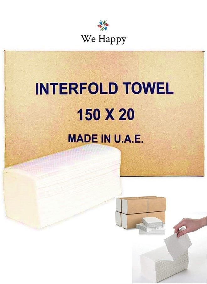 We Happy Best Quality Interfold Tissue Papers Washroom Disposable Hand Towel 3000 PCs Best to use in House, Offices, Hospitals or in Cars 150 Pcs X 20 Boxes  - Image 1