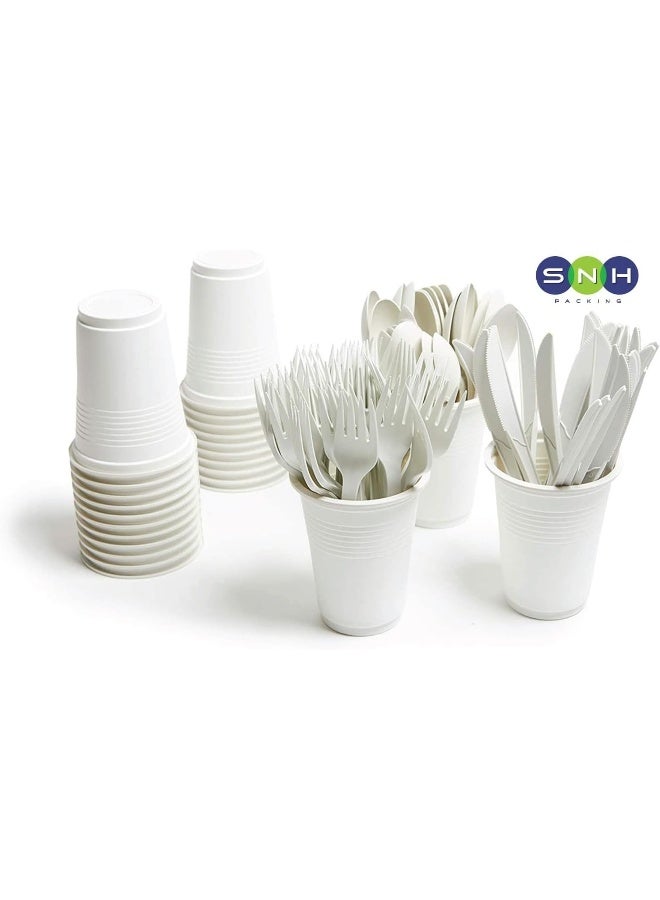 إس إن إتش باكينج مجموعة أدوات مائدة بيضاء للاستخدام مرة واحدة من SNH، تتضمن 100 قطعة من الشوك والملاعق والسكاكين مع مناديل ورقية - Image 2