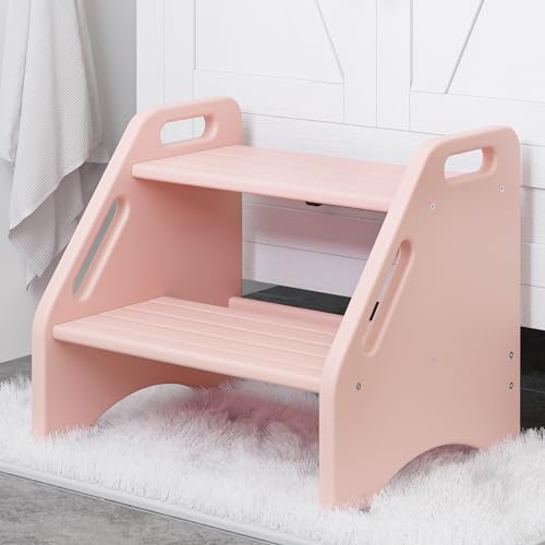 AMBIRD Wooden Step Stool Two Step Stools Toddler 300 lbs Capacity with Safety NonSlip Pads and Handles Bamboo Step Stool for Bathroom Kitchen Dual Height Step Stools for Kids Pink
