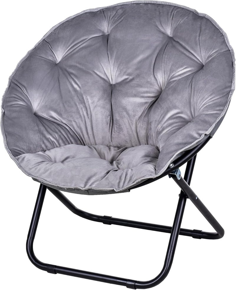 VECELO Saucer Chair for Adults, Folding Moon Chair with Metal Frame, Faux Fur for Bedroom, Living Room, Dorm Room, Apartment, Black - Image 1