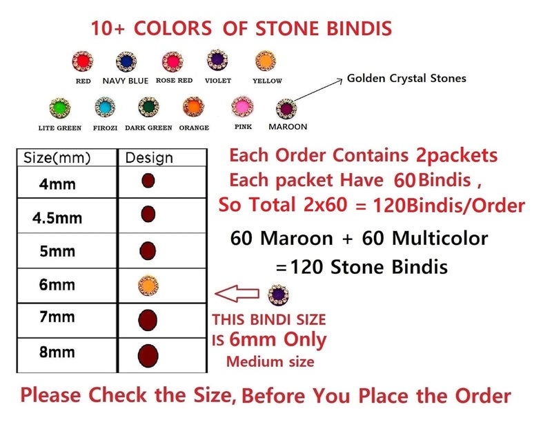 VAMA Designer Bindee Sindoor Kumkum Pottu Bindi Stone sticker for women Maroon Multicolour stone bindis for ladies Size 6mm Pack of 120 Stone Bindis - Image 2