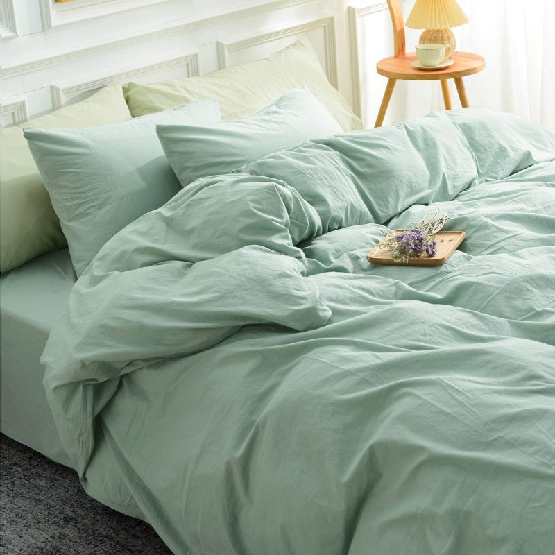NEXHOME PRO Green Duvet Cover Set Super King 108""x98"" Linen Feel Textured Organic Natural 100% Washed Cotton Duvet Cover 3 Pieces Bedding Set with Zipper Closure  Breathable  Soft (No Comforter) - Image 3