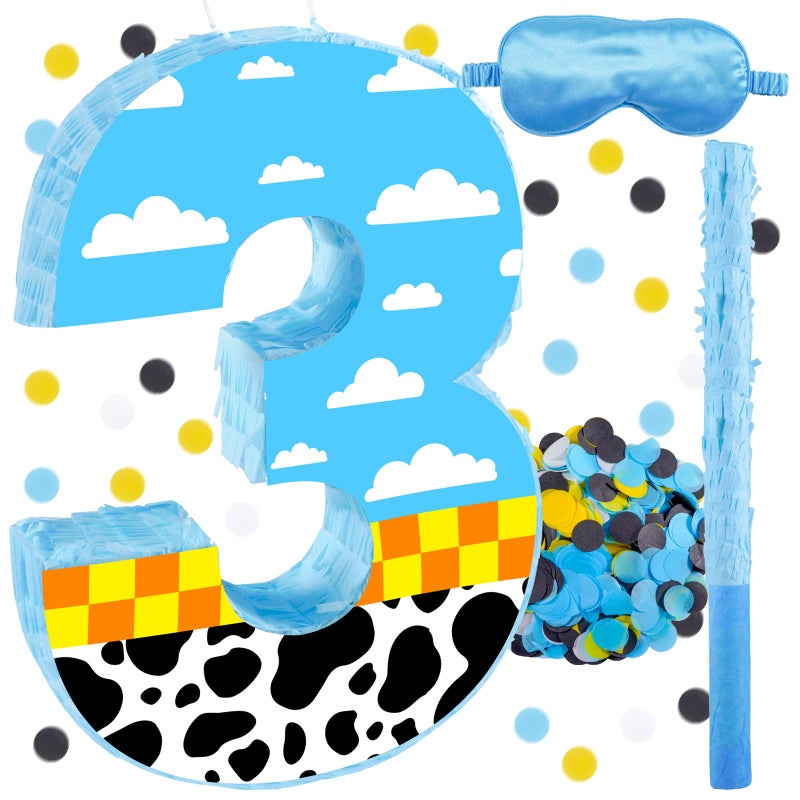 RUISUER 16 Inch Number 3 White Cloud Pinata with 16 Inch PiÃ±ata Stick Blindfold Confetti for Boy Girl Kids 3rd Birthday Party Decorations(3rd) - Image 1
