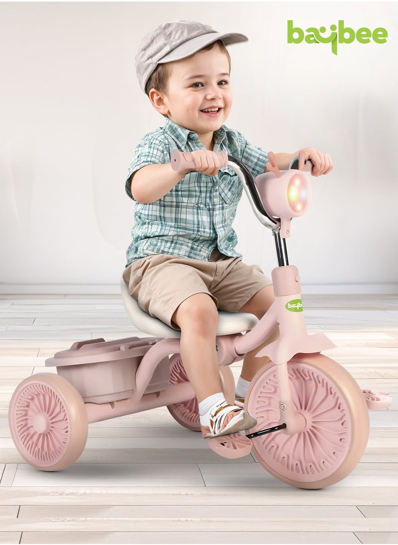 BAYBEE - Triky Foldable Baby Tricycle for Kids, Baby Cycle with Light, Music, High Backrest & Rear Storage Basket | Kids Cycle Bike | Kids Tricycle Cyle for Kids 2 to 5 Years Boys Girls Pink - Image 1