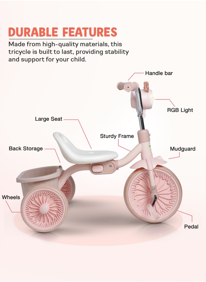 BAYBEE - Triky Foldable Baby Tricycle for Kids, Baby Cycle with Light, Music, High Backrest & Rear Storage Basket | Kids Cycle Bike | Kids Tricycle Cyle for Kids 2 to 5 Years Boys Girls Pink - Image 1