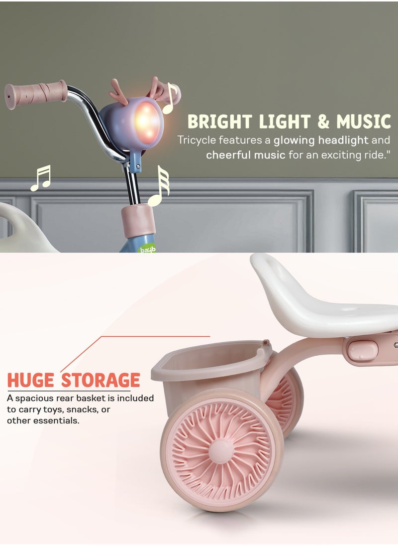 BAYBEE - Triky Foldable Baby Tricycle for Kids, Baby Cycle with Light, Music, High Backrest & Rear Storage Basket | Kids Cycle Bike | Kids Tricycle Cyle for Kids 2 to 5 Years Boys Girls Pink - Image 1