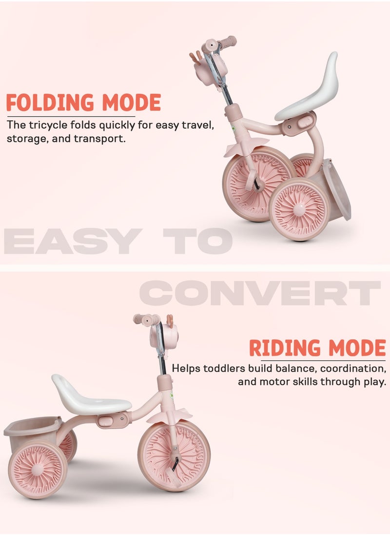BAYBEE - Triky Foldable Baby Tricycle for Kids, Baby Cycle with Light, Music, High Backrest & Rear Storage Basket | Kids Cycle Bike | Kids Tricycle Cyle for Kids 2 to 5 Years Boys Girls Pink - Image 1
