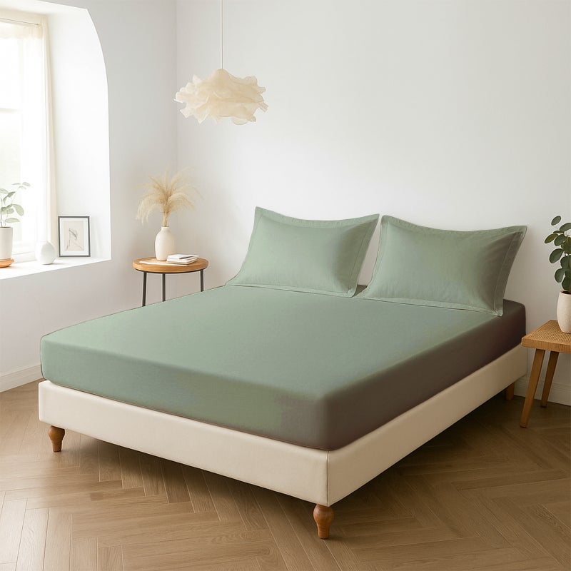 Pizuna Pure Combed Cotton King Fitted Sheet 180x200 cm Sea Foam, 400 Thread Count Cool Luxury Soft 100% Long Staple Cotton Sateen Weave, 40cm Deep Pocket Bedsheet with 2 pillowcase (Fitted Sheet) - Image 1
