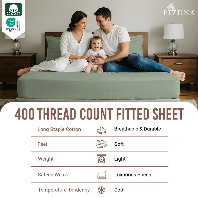 Pizuna Pure Combed Cotton King Fitted Sheet 180x200 cm Sea Foam, 400 Thread Count Cool Luxury Soft 100% Long Staple Cotton Sateen Weave, 40cm Deep Pocket Bedsheet with 2 pillowcase (Fitted Sheet) - Image 2