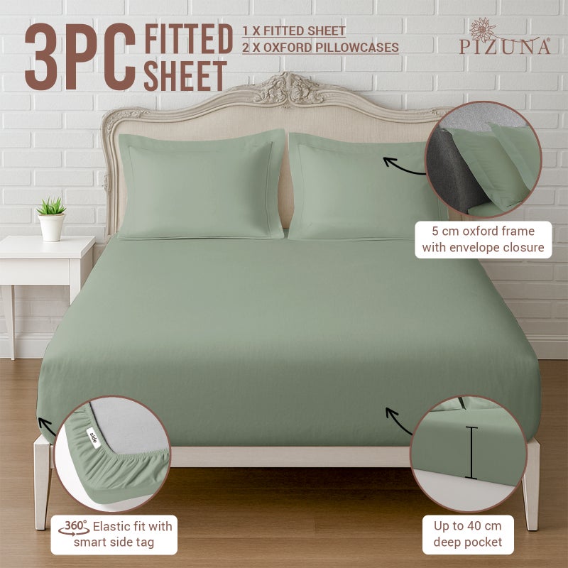 Pizuna Pure Combed Cotton King Fitted Sheet 180x200 cm Sea Foam, 400 Thread Count Cool Luxury Soft 100% Long Staple Cotton Sateen Weave, 40cm Deep Pocket Bedsheet with 2 pillowcase (Fitted Sheet) - Image 3