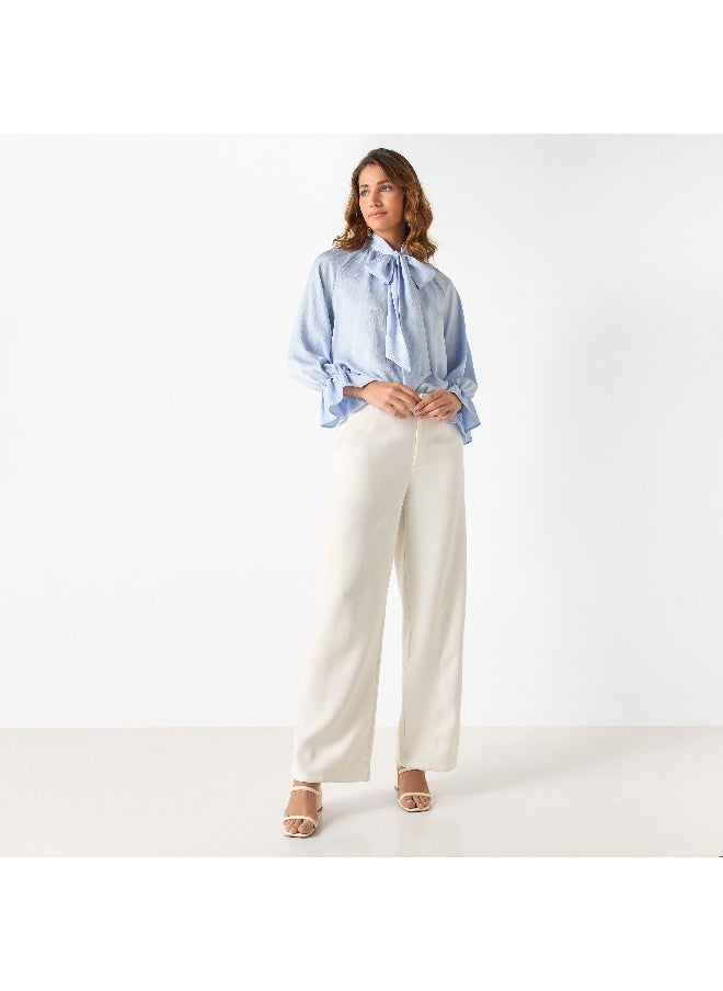 Iconic Iconic Textured Top with Tie-Neck and Flounce Sleeves  - Image 2