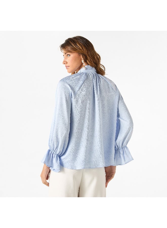 Iconic Iconic Textured Top with Tie-Neck and Flounce Sleeves  - Image 4