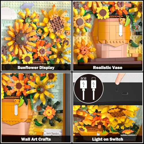 HOGOKIDS Flowers Sunflower Building Set with Lights - Botanical Collection Painting Frame Artwork Mini Building Blocks for Home Dcor Wall Art Architecture Sets for Adults Teens - 807PCS - Image 4