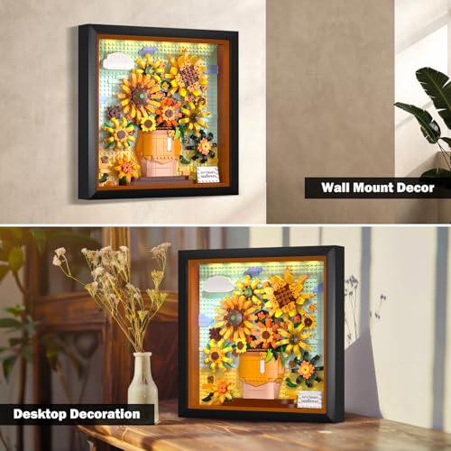 HOGOKIDS Flowers Sunflower Building Set with Lights - Botanical Collection Painting Frame Artwork Mini Building Blocks for Home Dcor Wall Art Architecture Sets for Adults Teens - 807PCS - Image 2