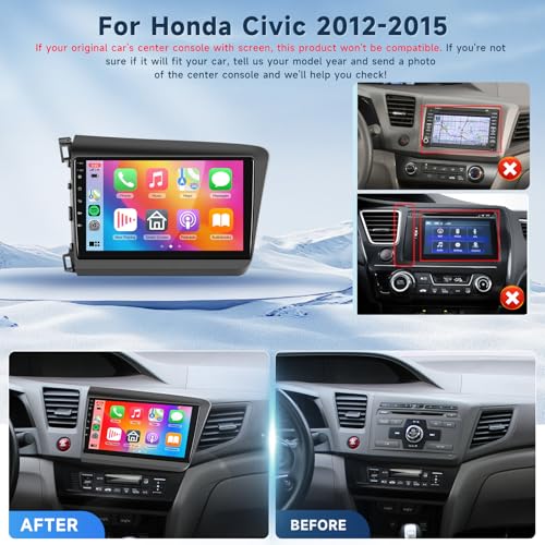 VECHTEL 2G+64G Android 13 Car Stereo for Honda Civic 2012-2015 with Wireless Carplay Android Auto, 9 Inch Touch Screen Radio Support GPS/WiFi/Bluetooth/FM/SWC/Backup Camera - Image 2
