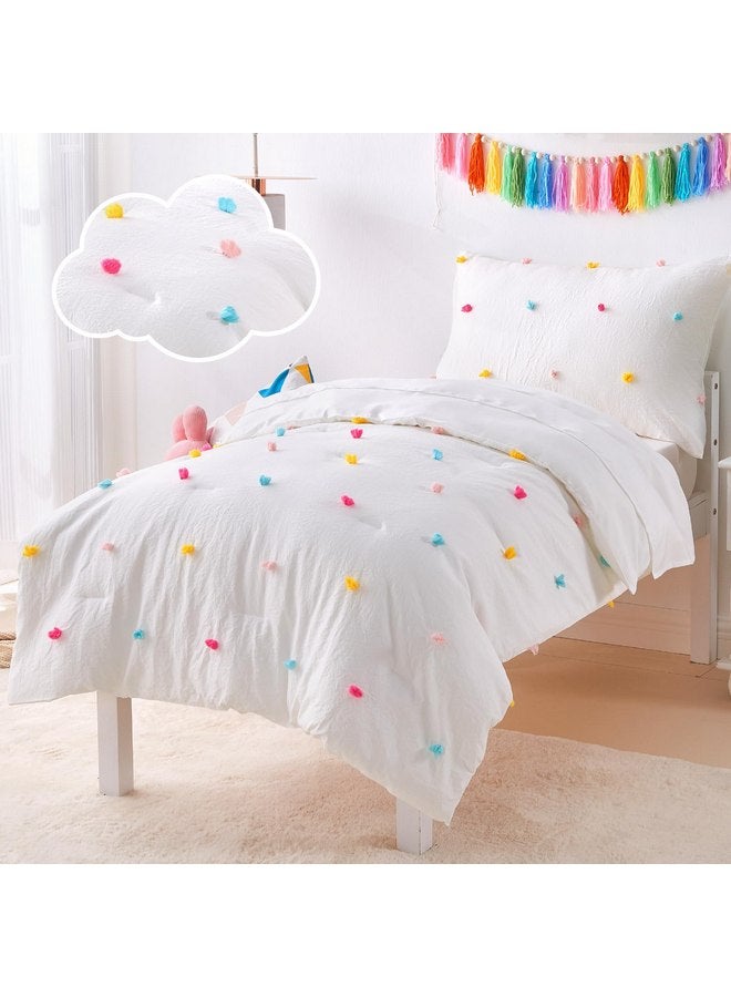 Cozyholy 4 Piece White Boho Toddler Bedding Sets for Girls Colorful Pom Pom Comforter Set Jacquard Tufted Dot Crib Bed Sheets Set for Baby Bed in a Bag, Include Comforter, Flat Sheet, Fitted Sheet, Pillowcase - Image 1